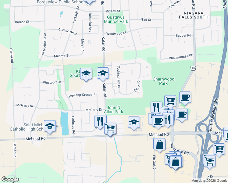 map of restaurants, bars, coffee shops, grocery stores, and more near in Niagara Falls