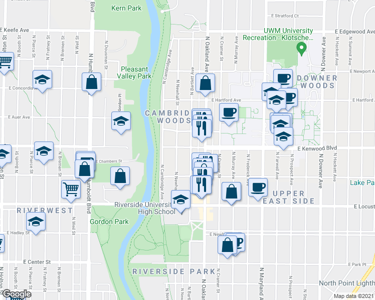 map of restaurants, bars, coffee shops, grocery stores, and more near 3051 North Bartlett Avenue in Milwaukee