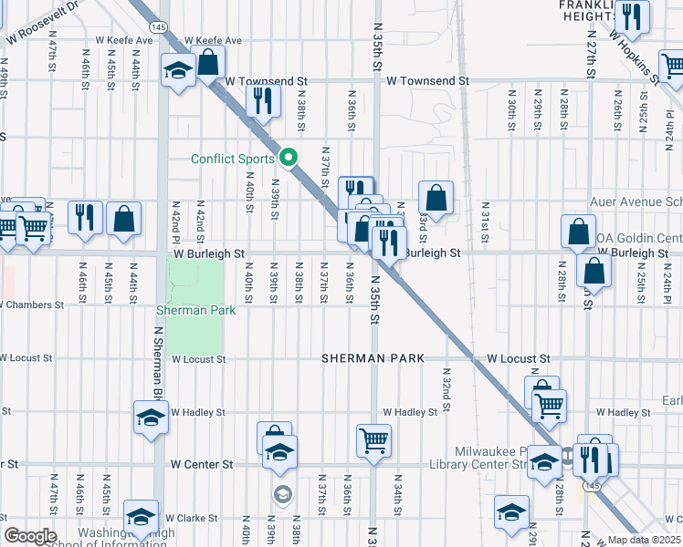map of restaurants, bars, coffee shops, grocery stores, and more near 3024 North 36th Street in Milwaukee
