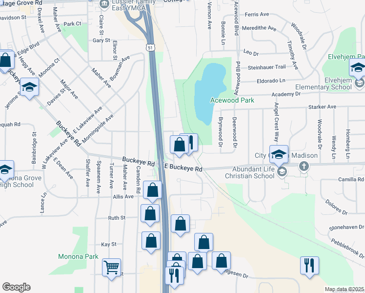 map of restaurants, bars, coffee shops, grocery stores, and more near 1713 Blossom Lane in Madison