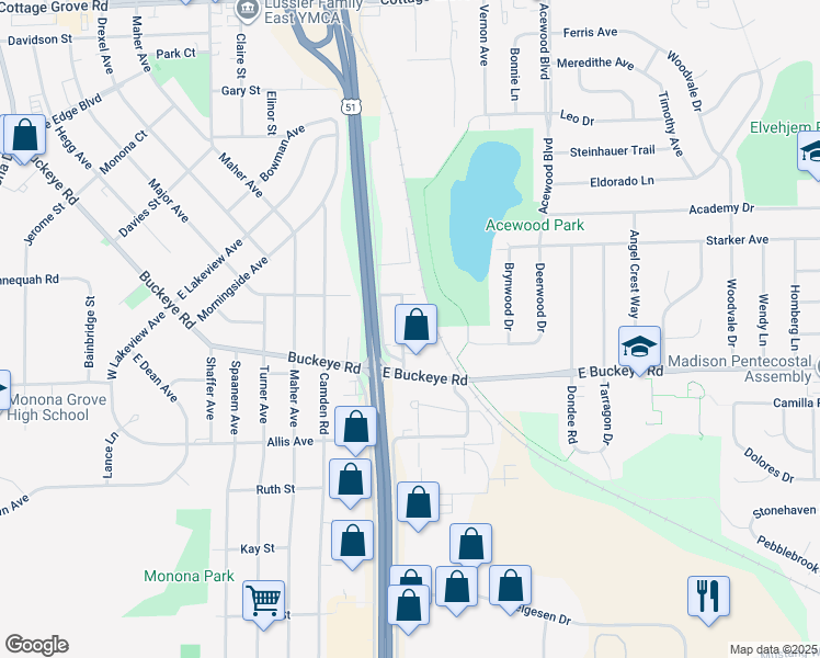 map of restaurants, bars, coffee shops, grocery stores, and more near 1713 Blossom Lane in Madison