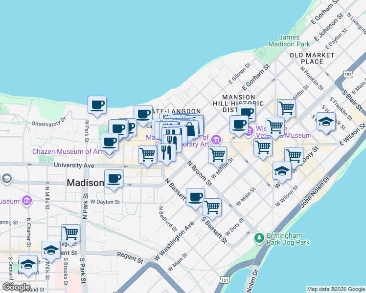 map of restaurants, bars, coffee shops, grocery stores, and more near 405 West Gorham Street in Madison