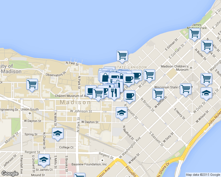 map of restaurants, bars, coffee shops, grocery stores, and more near 425 North Frances Street in Madison