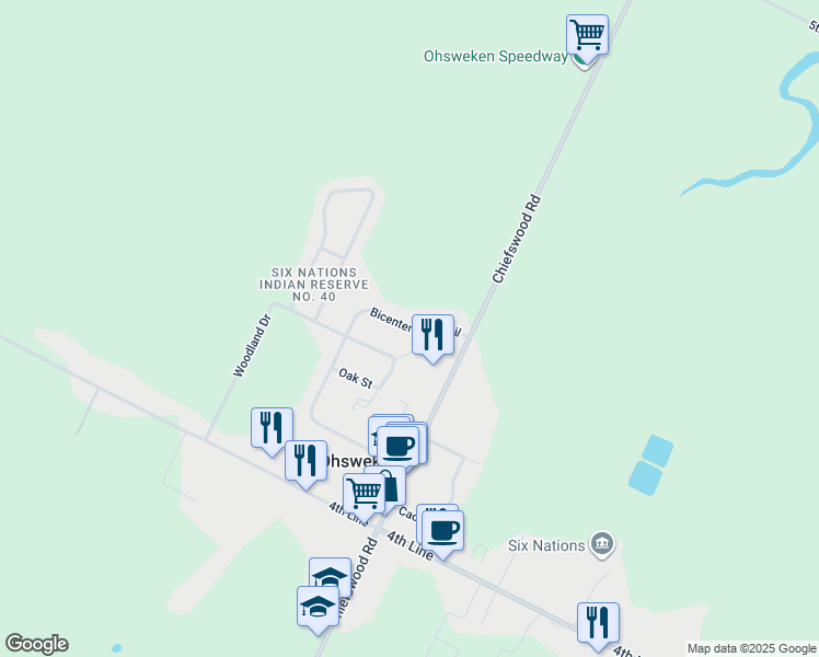 map of restaurants, bars, coffee shops, grocery stores, and more near Bicentennial Trail in Ohsweken