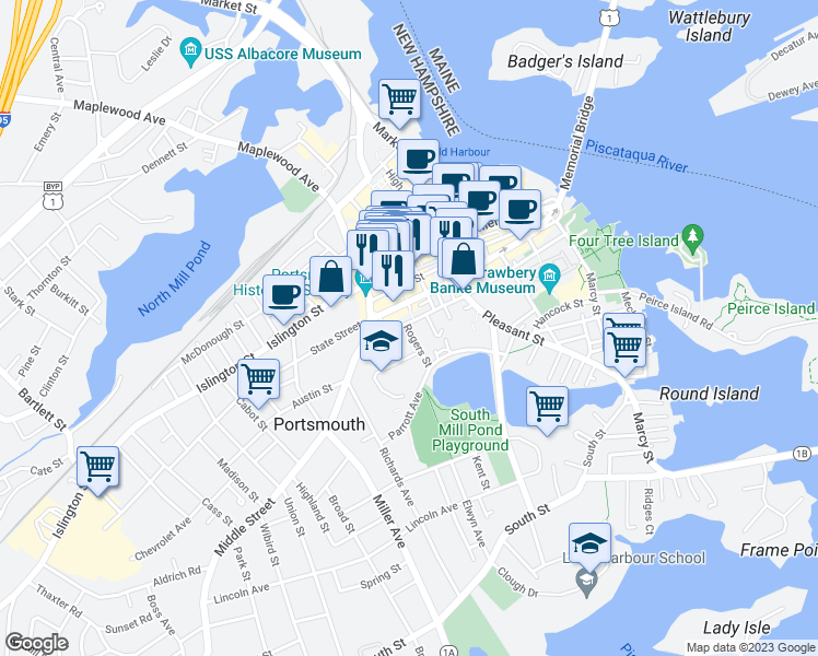 map of restaurants, bars, coffee shops, grocery stores, and more near 28 Mark Street in Portsmouth