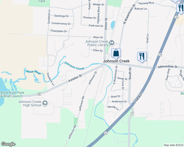 map of restaurants, bars, coffee shops, grocery stores, and more near 228 Jefferson Street in Johnson Creek