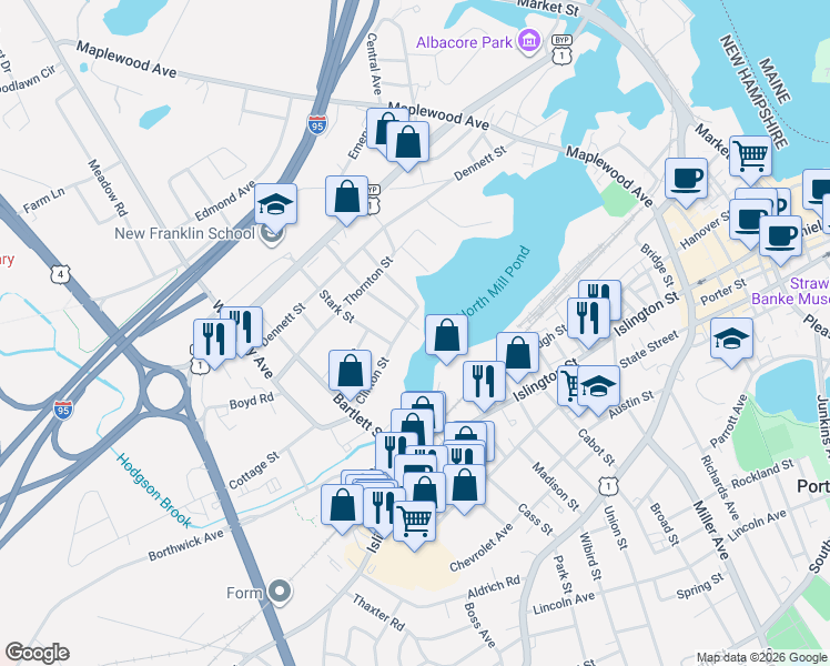 map of restaurants, bars, coffee shops, grocery stores, and more near 152 Clinton Street in Portsmouth