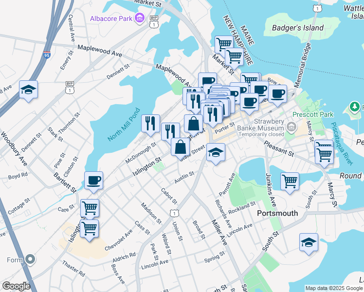 map of restaurants, bars, coffee shops, grocery stores, and more near 100 Islington Street in Portsmouth