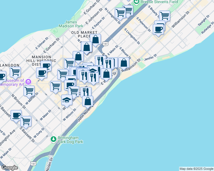 map of restaurants, bars, coffee shops, grocery stores, and more near 313 South Hancock Street in Madison