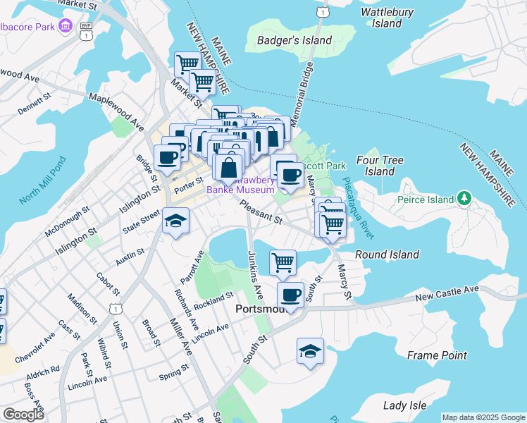 map of restaurants, bars, coffee shops, grocery stores, and more near 229 Pleasant Street in Portsmouth