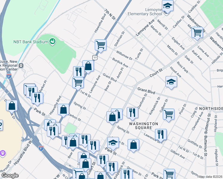 map of restaurants, bars, coffee shops, grocery stores, and more near 408 2nd North Street in Syracuse