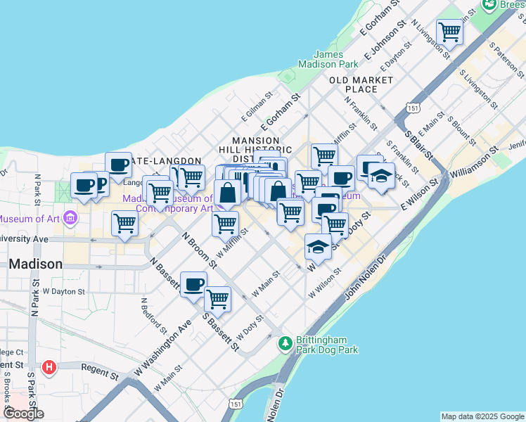 map of restaurants, bars, coffee shops, grocery stores, and more near 115 West Mifflin Street in Madison