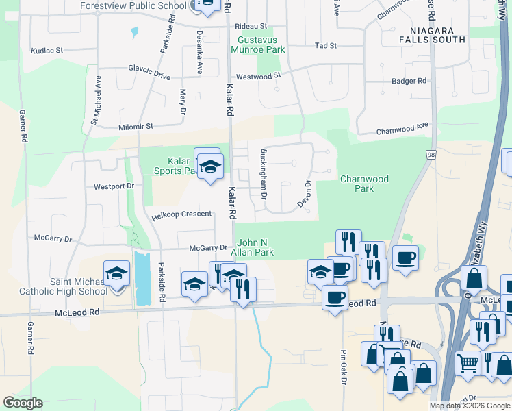 map of restaurants, bars, coffee shops, grocery stores, and more near in Niagara Falls