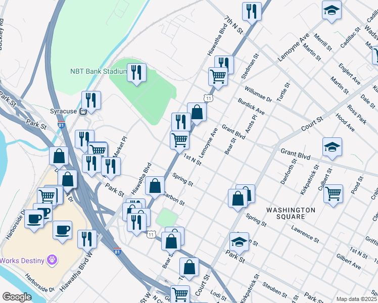 map of restaurants, bars, coffee shops, grocery stores, and more near 1512 1st North Street in Syracuse