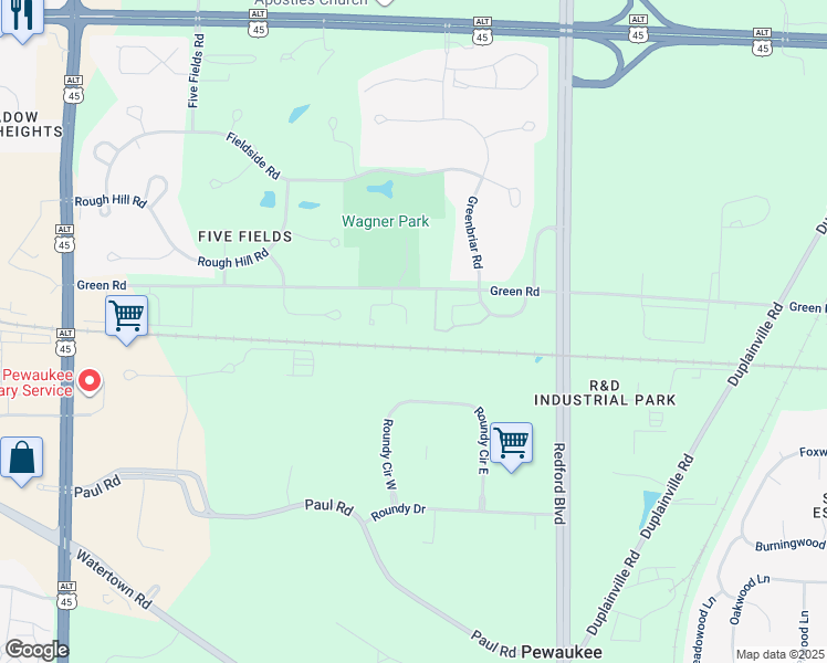 map of restaurants, bars, coffee shops, grocery stores, and more near W233N3022 Oakmont Court East in Pewaukee