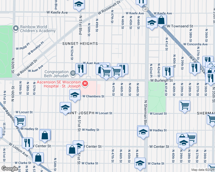 map of restaurants, bars, coffee shops, grocery stores, and more near 3024 North 48th Street in Milwaukee