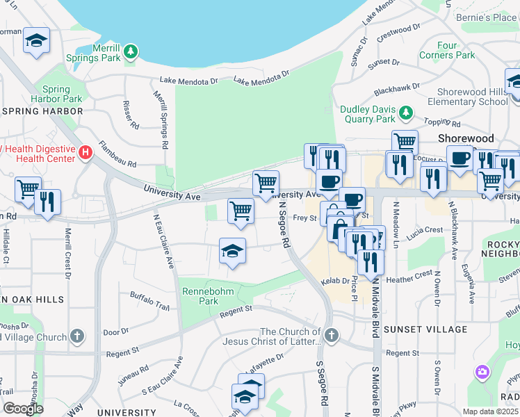 map of restaurants, bars, coffee shops, grocery stores, and more near 4800 Sheboygan Avenue in Madison