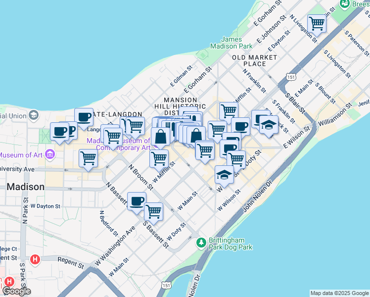 map of restaurants, bars, coffee shops, grocery stores, and more near 115 West Mifflin Street in Madison