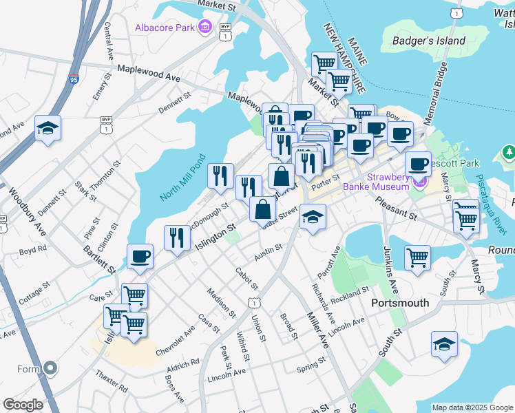 map of restaurants, bars, coffee shops, grocery stores, and more near 180 Islington Street in Portsmouth