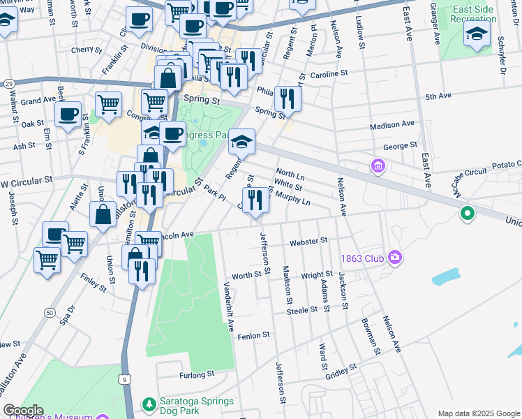 map of restaurants, bars, coffee shops, grocery stores, and more near 2 Clark Street in Saratoga Springs