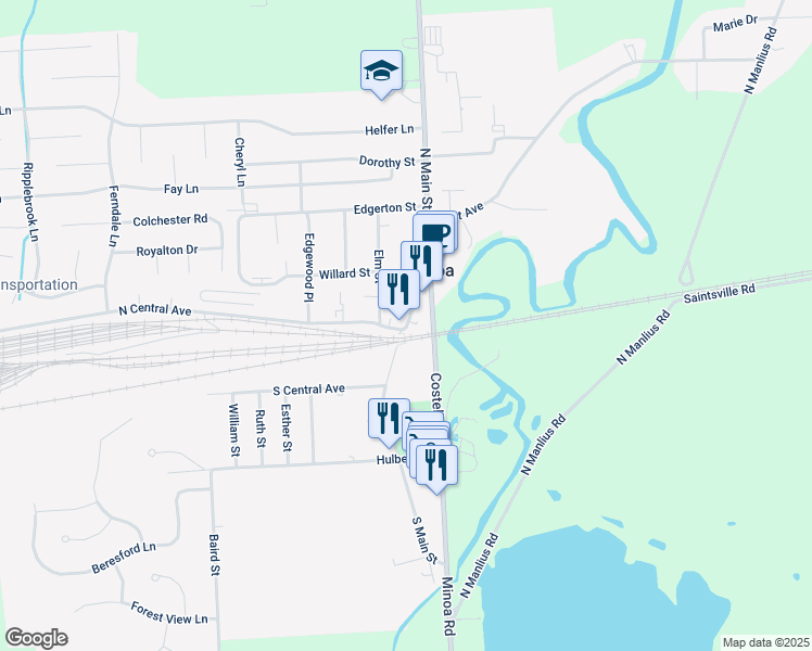 map of restaurants, bars, coffee shops, grocery stores, and more near 101 South Main Street in Minoa