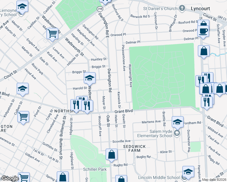 map of restaurants, bars, coffee shops, grocery stores, and more near 115 Kenwick Drive in Syracuse