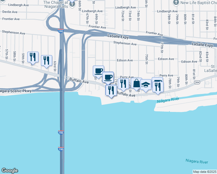 map of restaurants, bars, coffee shops, grocery stores, and more near 6919 Buffalo Avenue in Niagara Falls