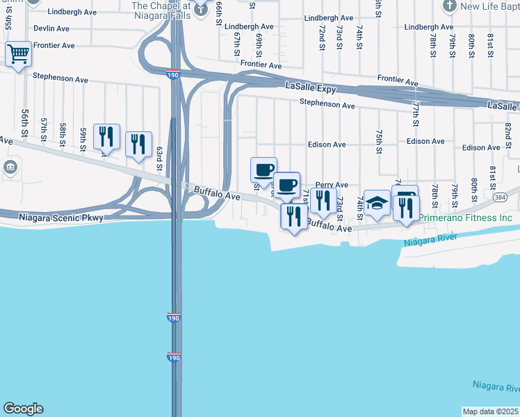 map of restaurants, bars, coffee shops, grocery stores, and more near 6807 Buffalo Avenue in Niagara Falls