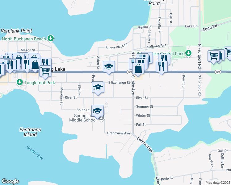 map of restaurants, bars, coffee shops, grocery stores, and more near 223 Williams Street in Spring Lake