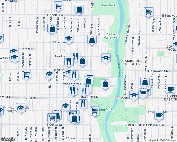 map of restaurants, bars, coffee shops, grocery stores, and more near 3053 North Humboldt Boulevard in Milwaukee