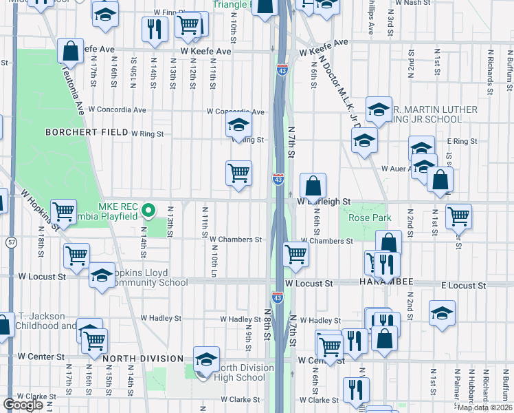 map of restaurants, bars, coffee shops, grocery stores, and more near 3033 North 9th Street in Milwaukee