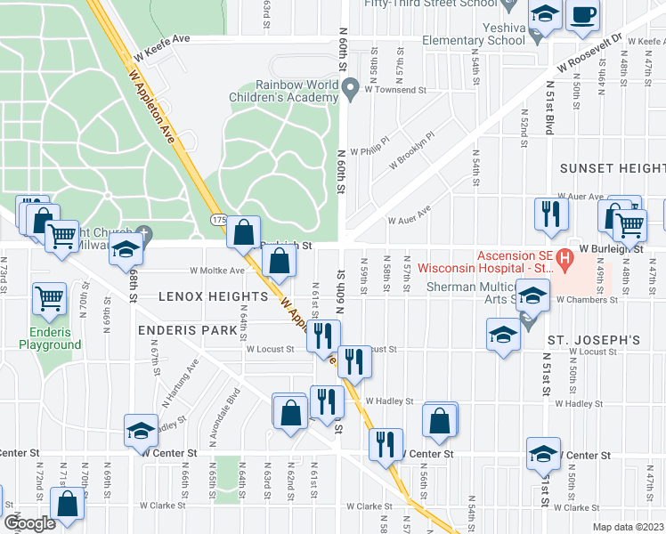 map of restaurants, bars, coffee shops, grocery stores, and more near 3018 North 60th Street in Milwaukee