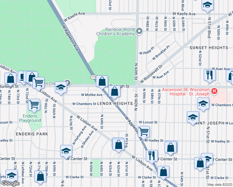 map of restaurants, bars, coffee shops, grocery stores, and more near 3019 North 62nd Street in Milwaukee