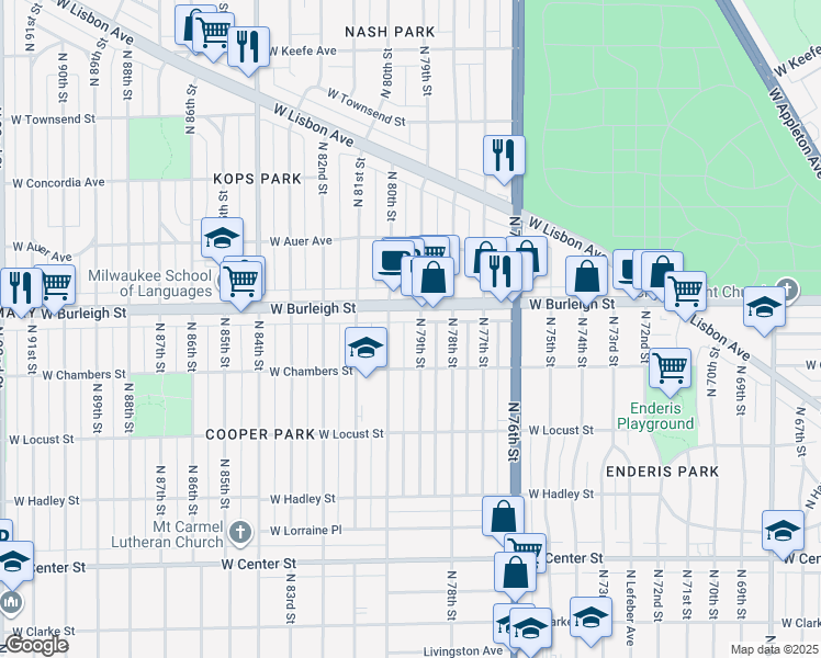 map of restaurants, bars, coffee shops, grocery stores, and more near 3018 North 79th Street in Milwaukee
