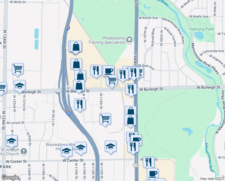 map of restaurants, bars, coffee shops, grocery stores, and more near 11123 West Burleigh Street in Wauwatosa