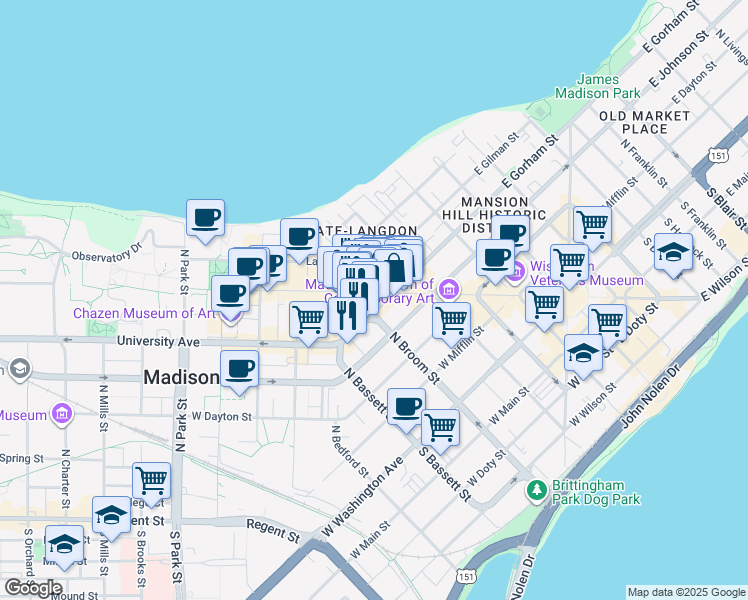 map of restaurants, bars, coffee shops, grocery stores, and more near 405 West Gorham Street in Madison