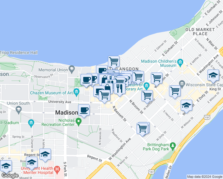 map of restaurants, bars, coffee shops, grocery stores, and more near 432 West Gorham Street in Madison
