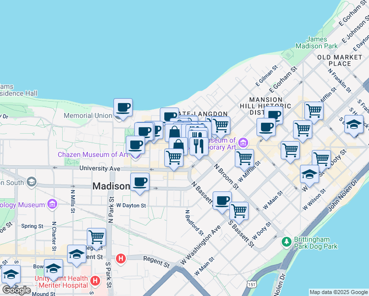 map of restaurants, bars, coffee shops, grocery stores, and more near 433 West Gilman Street in Madison