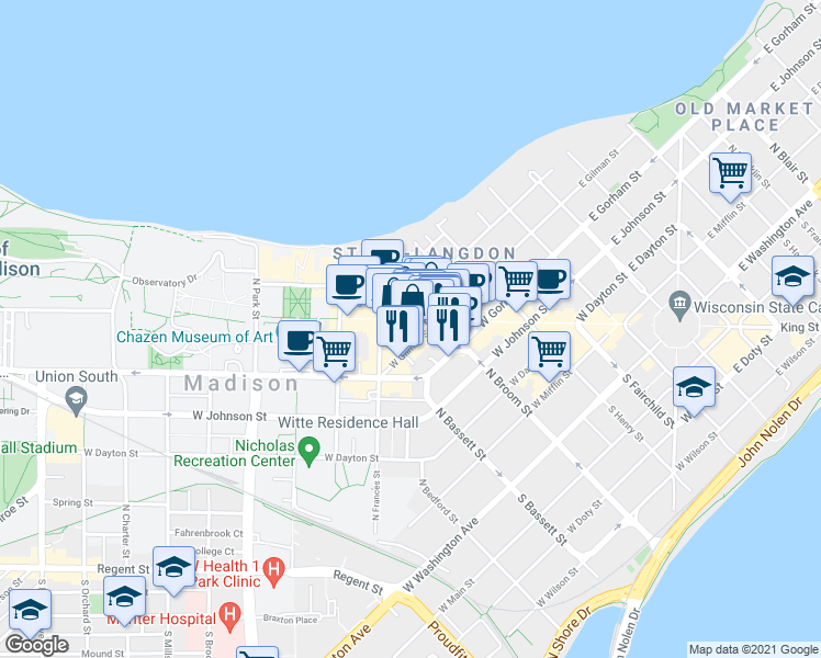 map of restaurants, bars, coffee shops, grocery stores, and more near 432 West Gorham Street in Madison