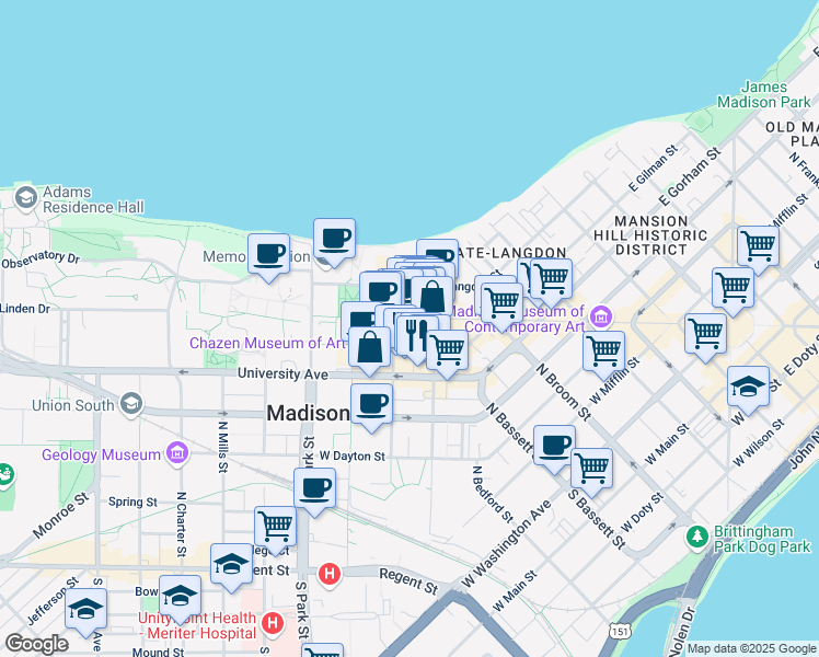 map of restaurants, bars, coffee shops, grocery stores, and more near 419 North Lake Street in Madison