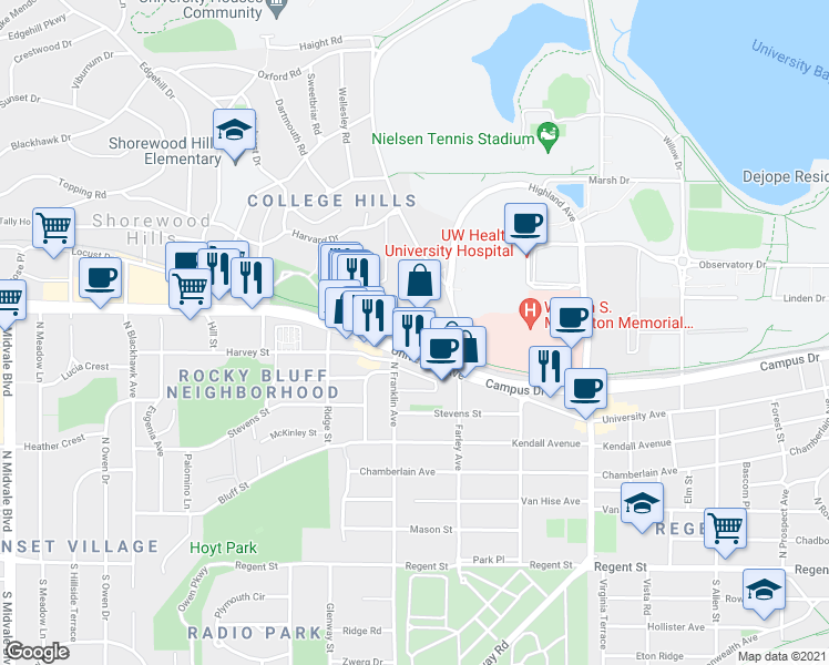 map of restaurants, bars, coffee shops, grocery stores, and more near in Madison