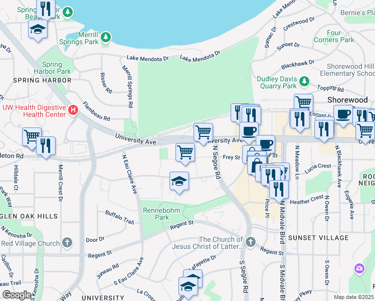 map of restaurants, bars, coffee shops, grocery stores, and more near 4800 Sheboygan Avenue in Madison