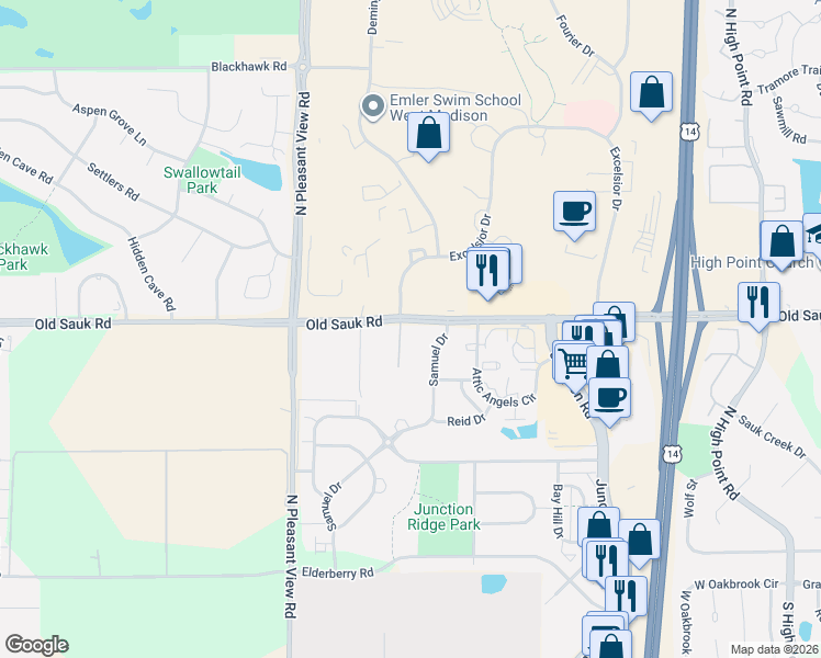 map of restaurants, bars, coffee shops, grocery stores, and more near 638 Samuel Drive in Madison
