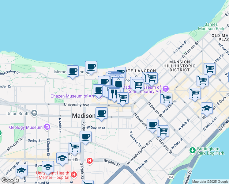 map of restaurants, bars, coffee shops, grocery stores, and more near 449 Hawthorne Court in Madison