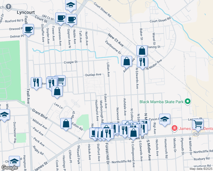 map of restaurants, bars, coffee shops, grocery stores, and more near 451 Lillian Avenue in Syracuse