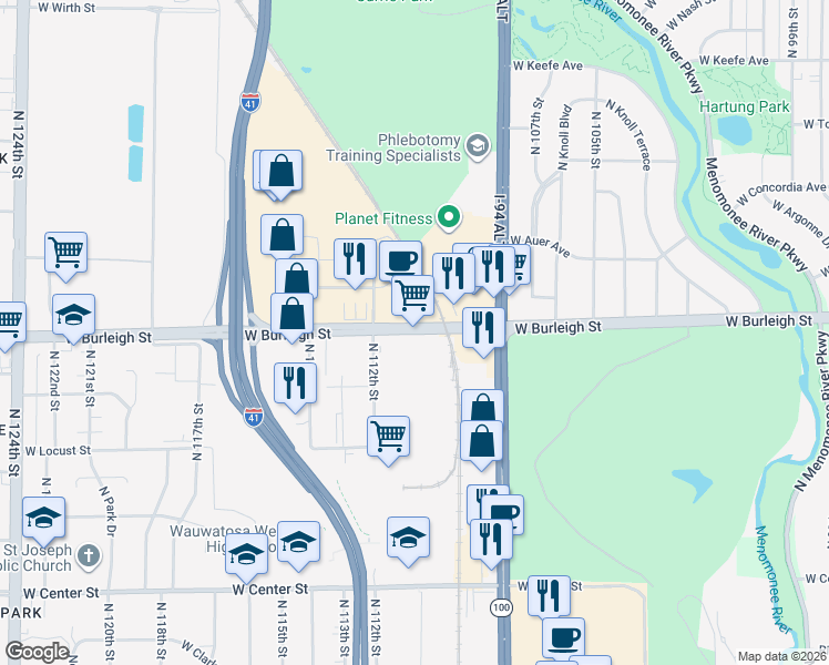 map of restaurants, bars, coffee shops, grocery stores, and more near 11111 West Burleigh Street in Wauwatosa