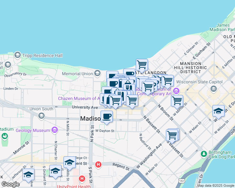 map of restaurants, bars, coffee shops, grocery stores, and more near 445 North Lake Street in Madison