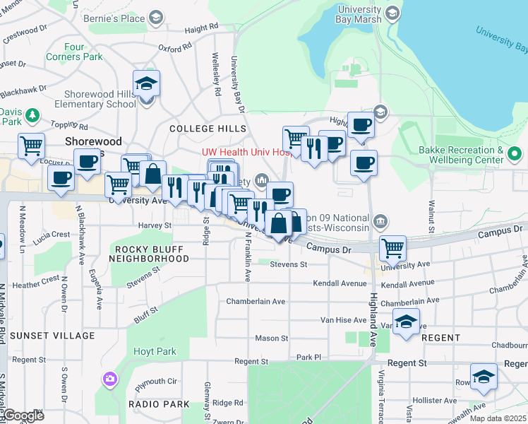 map of restaurants, bars, coffee shops, grocery stores, and more near 2715 Marshall Court in Madison