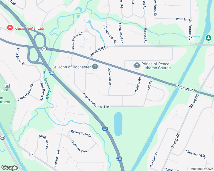 map of restaurants, bars, coffee shops, grocery stores, and more near 21 Oakwood Lane in Fairport