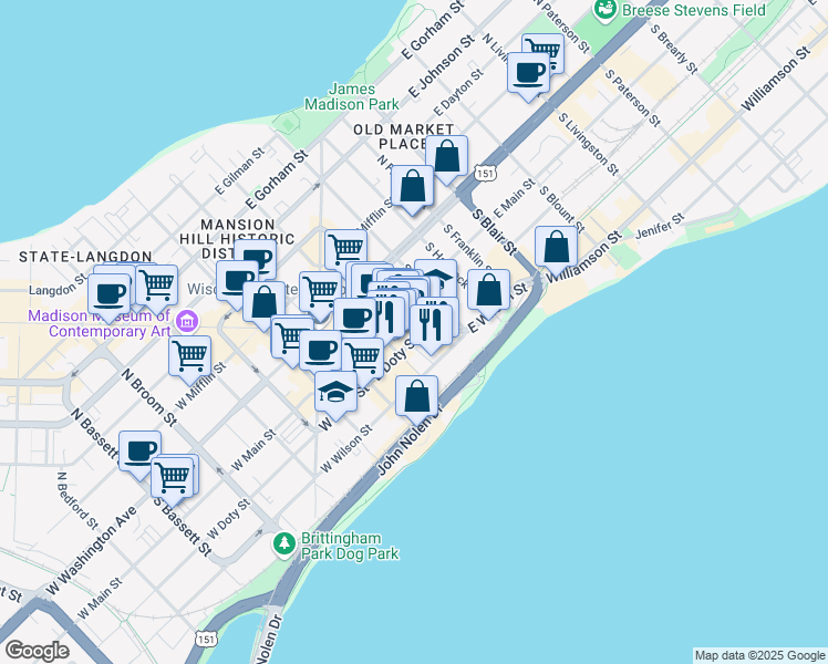 map of restaurants, bars, coffee shops, grocery stores, and more near 111 King Street in Madison